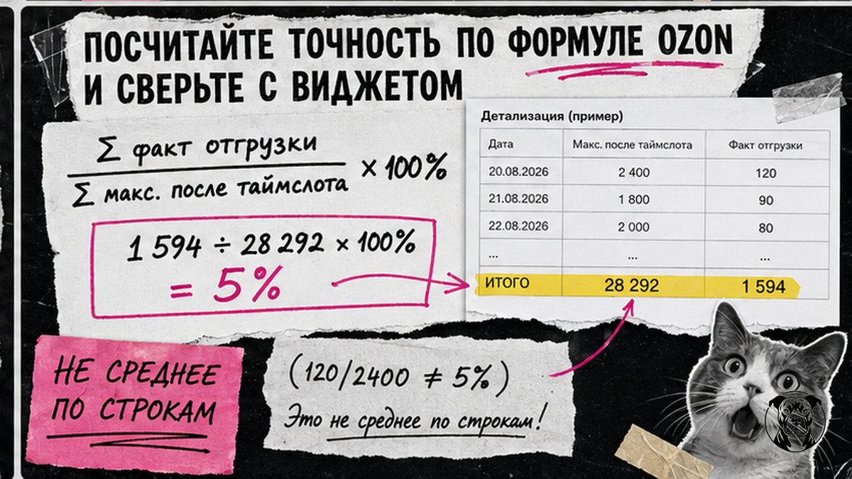 Схема расчёта точности отгрузок Ozon: сумма факта делённая на сумму максимумов после таймслота