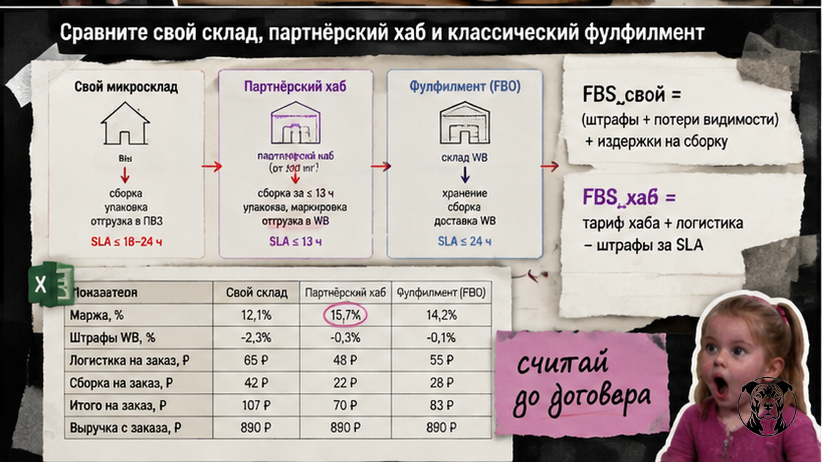 Схема сравнения: свой склад, партнёрский хаб и фулфилмент для FBS на Wildberries