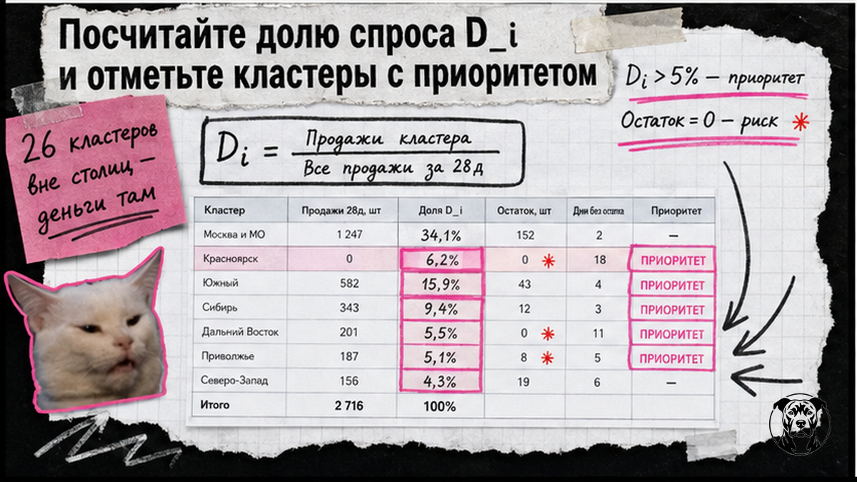 Workflow: расчёт доли спроса D_i по кластерам Ozon и приоритеты поставки