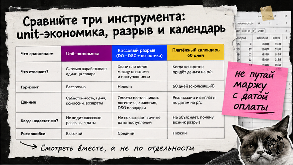 Сравнительная таблица: unit-экономика, кассовый разрыв и платёжный календарь селлера