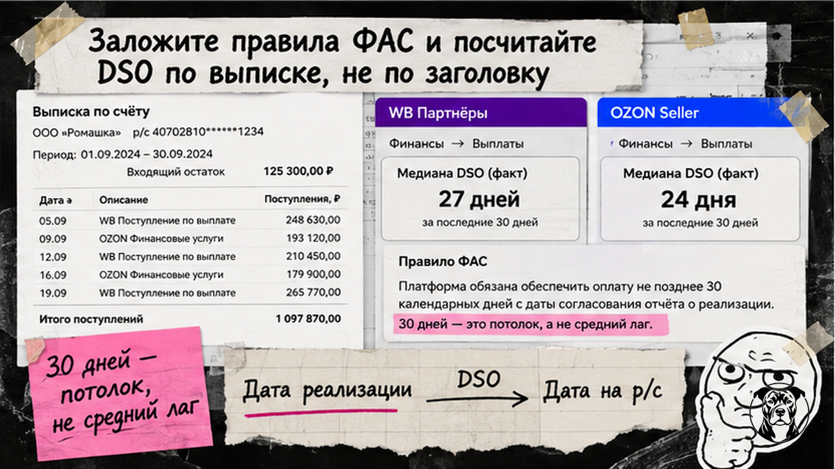 Расчёт DSO селлера по банковской выписке, не по заголовку ФАС о 30 днях