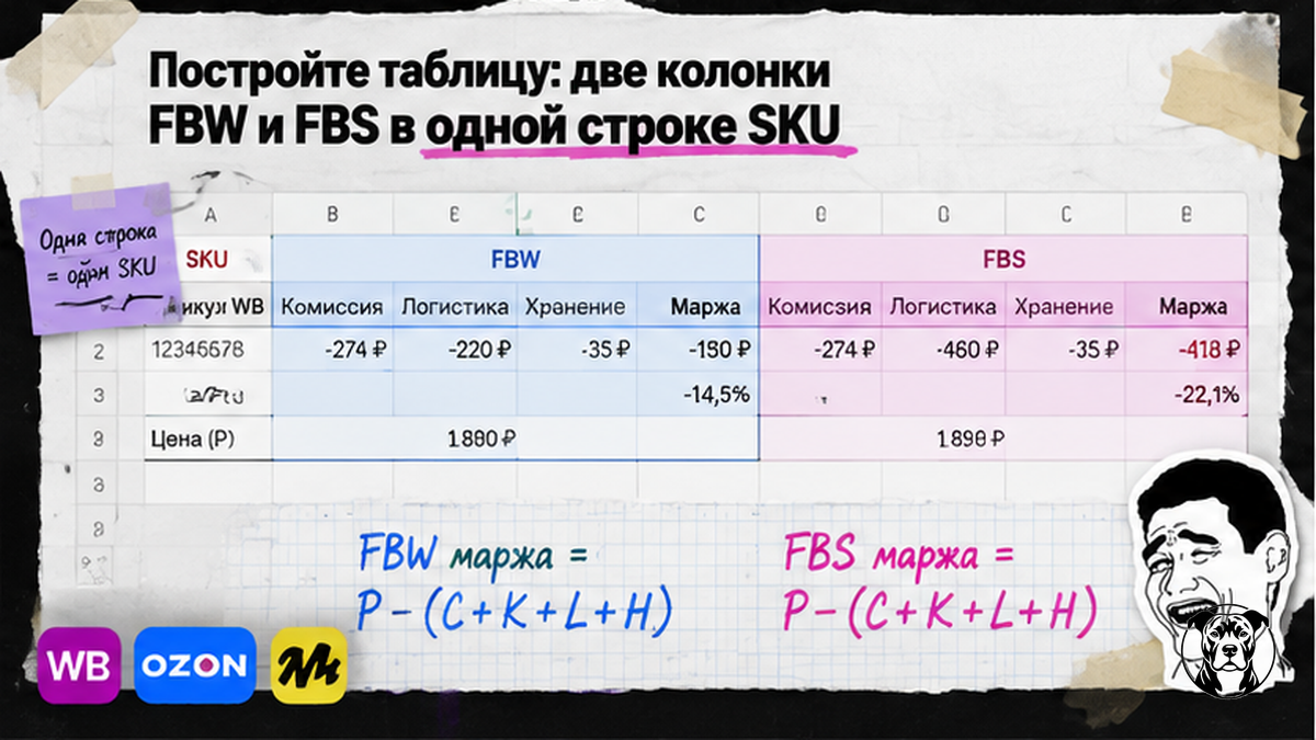 Схема таблицы юнит-экономики: две колонки FBW и FBS по SKU