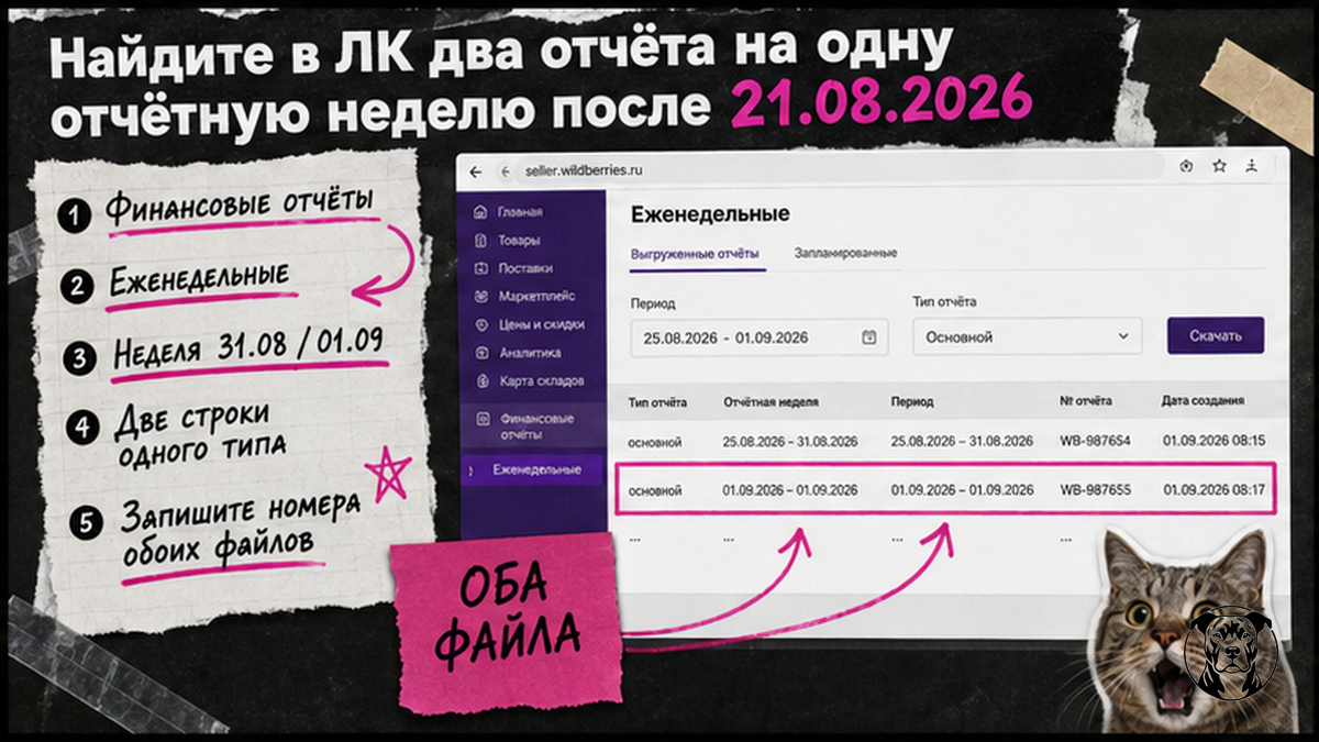 Схема: как найти в ЛК Wildberries два отчёта реализации на одну неделю после 21.08.2026