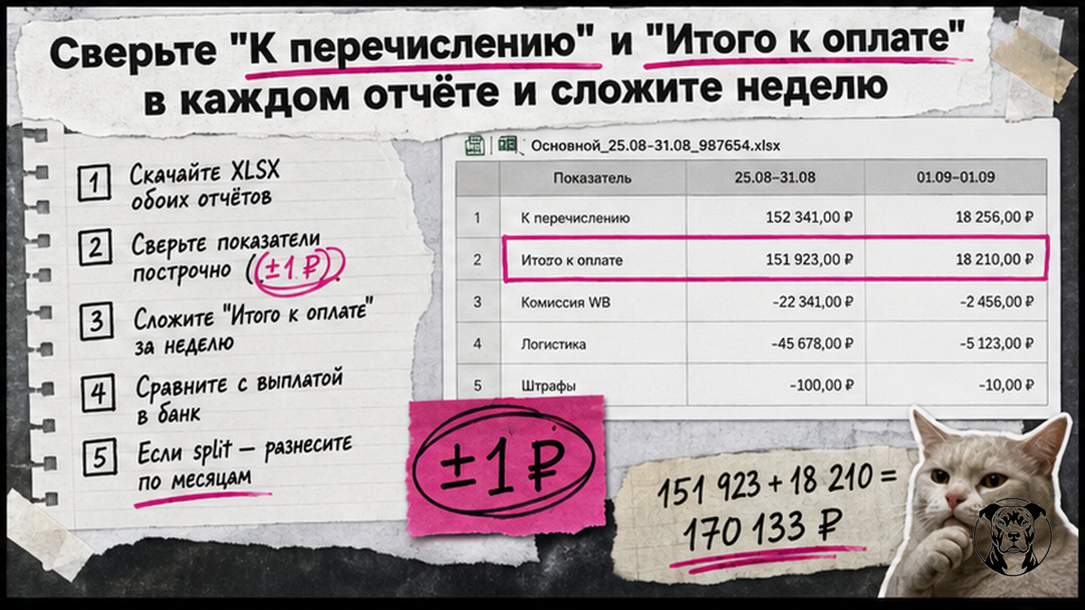 Чеклист сверки «Итого к оплате» двух отчётов WB и суммирования недели