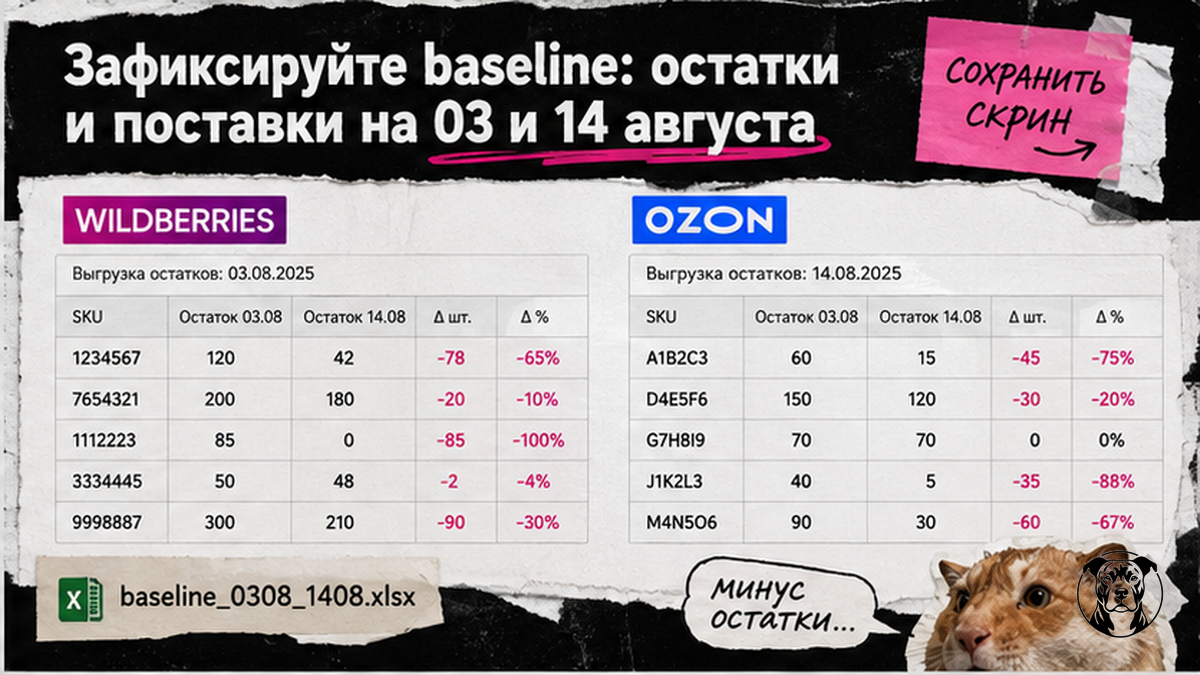 Таблица baseline остатков WB и Ozon на 03 и 14 августа для сверки после техработ