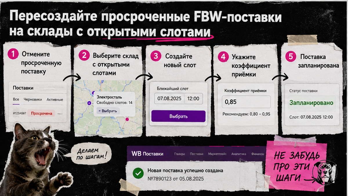 Схема пересоздания просроченной FBW-поставки Wildberries на склад с открытым слотом