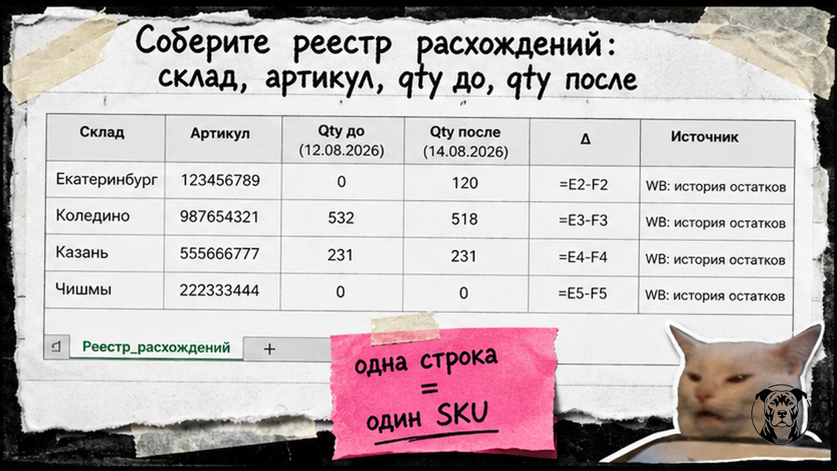 Чеклист реестра расхождений WB: склад, артикул, остатки до и после, дельта и источник