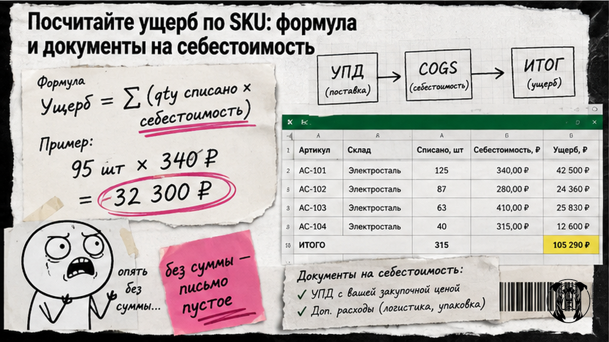 Схема расчёта ущерба по SKU: количество списанного товара умножить на себестоимость