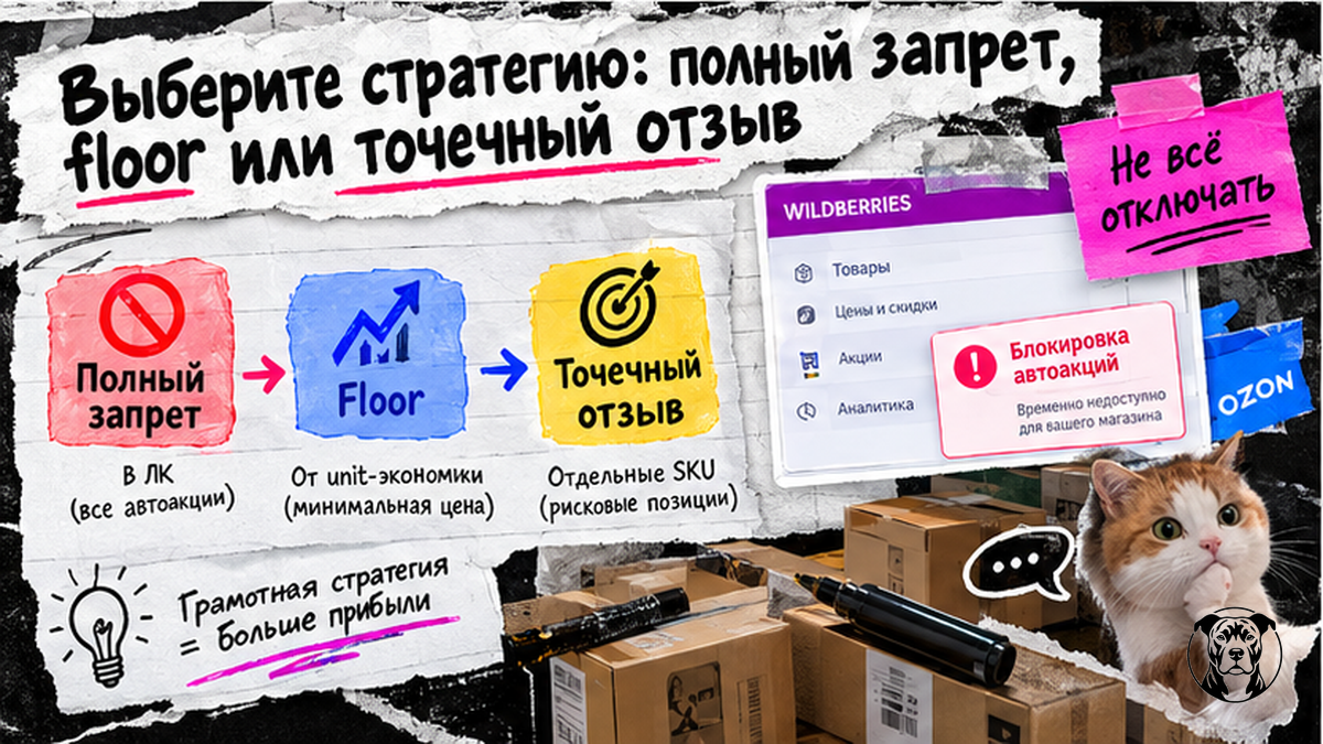 Workflow выбора стратегии отказа от скидок: полный запрет, floor или точечный отзыв на WB и Ozon