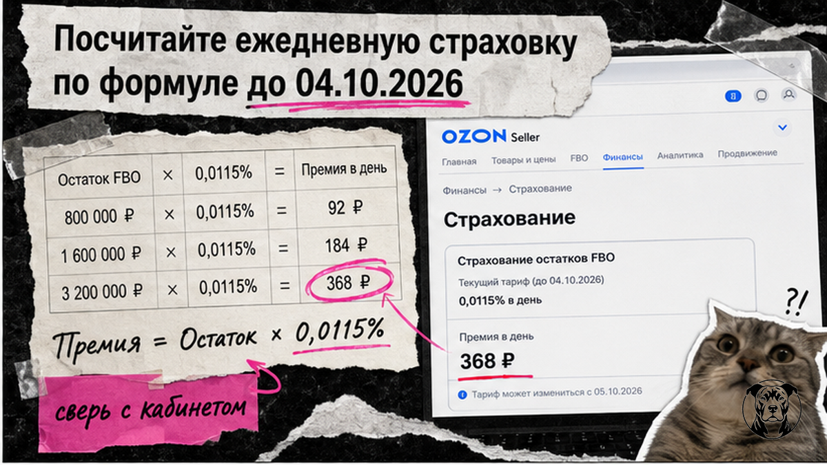 Таблица расчёта ежедневной страховки Ozon FBO: остаток × 0,0115% до 04.10.2026