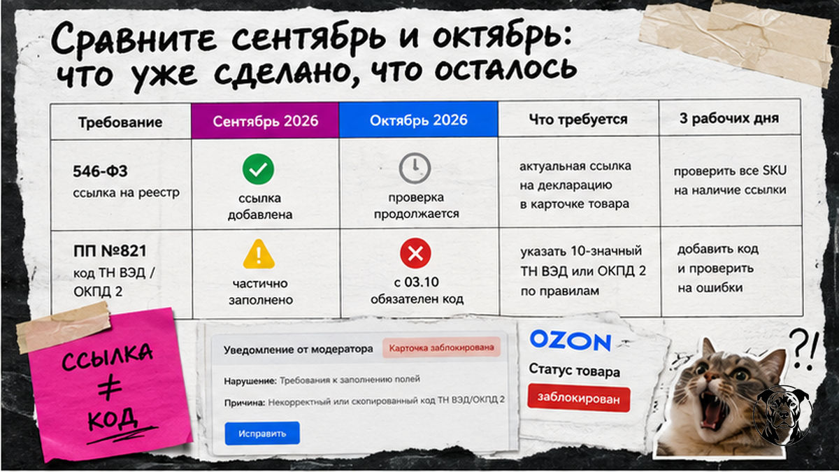 Таблица: сентябрь 2026 — ссылка на реестр, октябрь — код ТН ВЭД или ОКПД 2 и спецпроверка за 3 дня